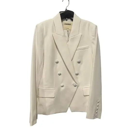 NWT L'AGENCE Kenzie White Size 6 Double Breast Blazer Jacket Office Lux Cotton